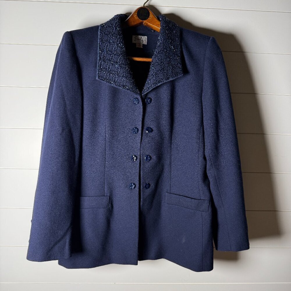Emily Formal Suit Navy Size 12 Removable Collar, Skirt Pockets, Fully Lined